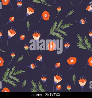 Poppy flowers spring pattern. Folklore motifs, boho vector illustration. Dark floral background fabric background  Stock Vector