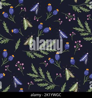 Boho dark blue berry and moth seamless pattern. Forest floral butterfly vector background Stock Vector
