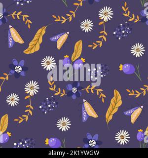 Boho purple berry , flower and moth seamless pattern. Forest floral butterfly vector background Stock Vector