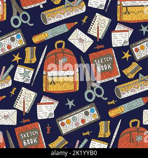 School bag teacher education seamless vector pattern doodle with supplies Stock Vector