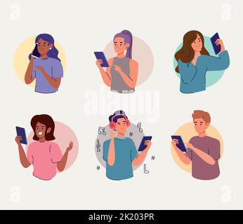six persons using smartphones Stock Vector