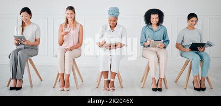 Business women multimedia planning for recruitment, career goal and creative marketing strategy with diversity. Corporate people with notebook Stock Photo