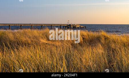 The rising sun illuminates the Bansin pier Stock Photo