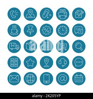 Line art circle business icon set with a phone, star chat and letter. Contact, email, shop basket and calendar pin coffee icons Stock Vector