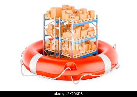 Double pallet rack with parcels with lifebuoy. Safety delivery concept. 3D rendering isolated on white background Stock Photo