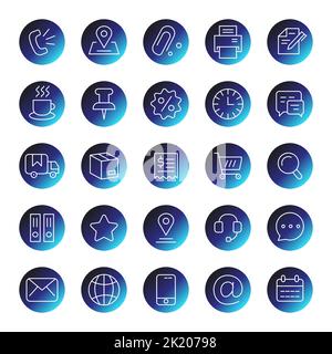 Line art circle business icon set with a phone, star chat and letter. Contact, email, shop basket and calendar pin coffee icons Stock Vector