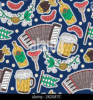 Oktoberfest holiday celebration accordion and beer vector color seamless pattern. German October national festival, brewery Bavarian fest.  Stock Vector