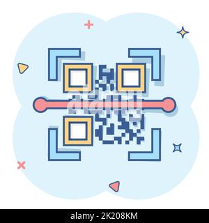 Qr code scan icon in comic style. Scanner id vector cartoon illustration on white isolated background. Barcode business concept splash effect. Stock Vector