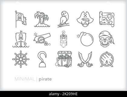 Set of pirate line icons for searching for hidden treasure, pillaging tropical islands and sword fighting Stock Vector