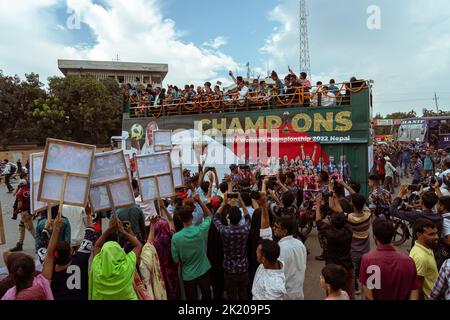 Bangladesh women's national football team returns Dhaka after won SAFF women's championship 2022  and people are celebrating there victory . Stock Photo