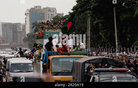 Bangladesh women's national football team returns Dhaka after won SAFF women's championship 2022  and people are celebrating there victory . Stock Photo