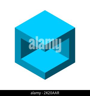 Simple 3D room with ceiling. Isometric cube projection. Letter M corporate business logo. Built structure inside point of view. Hexagon geometric Stock Vector