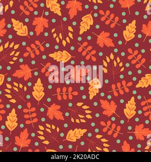 Floral seamless pattern design of abstract branches of leaves and polka dots. Foliage repeat texture background for printing Stock Vector