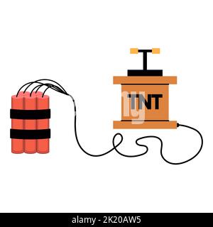 Cartoon dynamite and tnt explosives with timer and fuse. Fire bomb and dangerous weapon to destroy. Game icon for destruction and dangerous burning ob Stock Vector