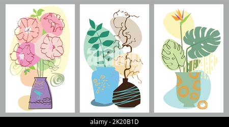 Set of abstract posters with vases. Trendy still life collage with pot, plant and vase. Hand drawn minimalist shape vector set. Illustration pot with Stock Vector