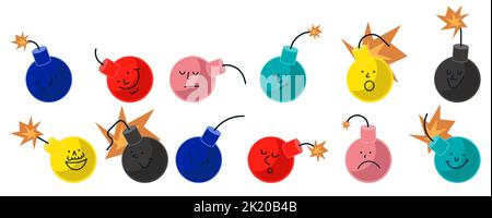 Bomb character set. Round weapon mascot with funny emotions and faces. Explosive emotion collection with fetel and eyes. Isolated on white background Stock Vector