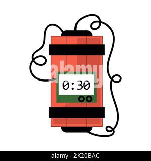 Cartoon dynamite and tnt explosives with timer and fuse. Fire bomb and dangerous weapon to destroy. Game icon for destruction and dangerous burning ob Stock Vector