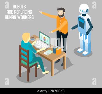 Robot vs human labor vector isometric illustration Stock Vector