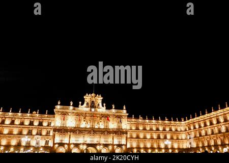 The clock tower of the Plaza Mayor in Salamanca, Spain, by night Stock Photo