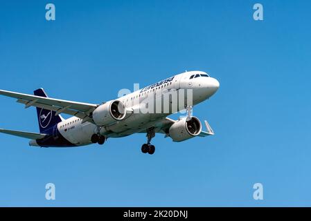 Larnaca, Cyprus - September 10, 2022: Airbus A320-271N of Lufthansa airlines landing at Glafcos Clerides airport Stock Photo