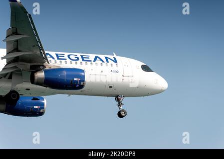 Larnaca, Cyprus - September 10, 2022: Airbus of Aegean airlines landing at Glafcos Clerides airport Stock Photo