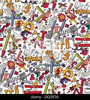 Team it-specialists working with code people and sybmboll seamless pattern Stock Vector