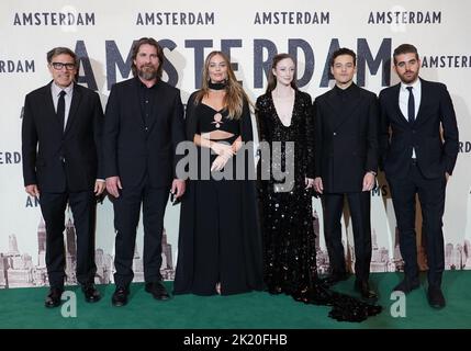 David O Russell, Christian Bale, Margot Robbie, Andrea Riseborough, Rami Malek and Matthew Budman attend the European premiere of Amsterdam at the Odeon Luxe Leicester Square, London. Picture date: Wednesday September 21, 2022. Stock Photo