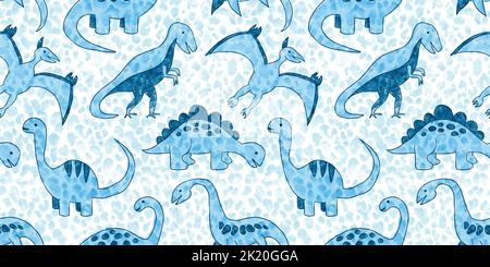Seamless hand drawn pastel baby blue dinosaur pattern with polka dot leopard spots background. Kids watercolor and crayon art cartoon dino silhouettes Stock Photo