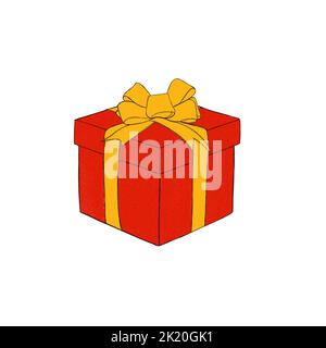 Red gift box with yellow bow - freehand watercolor illustration Stock Photo