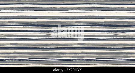 Seamless Hand Painted Playful loose Horizontal grunge stripes pattern in navy blue and cream beige. Baby boy motif or nautical style. High resolution Stock Photo