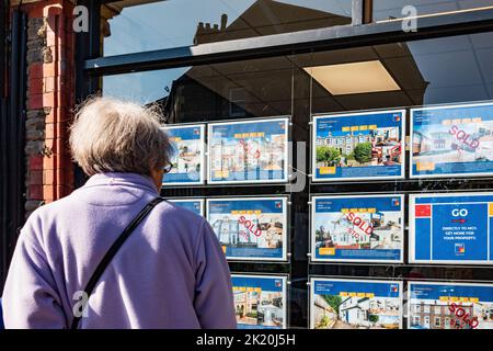Senior woman looking into a estate agents window in Cardiff, Wales, UK