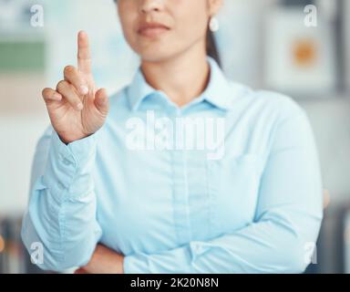Business woman, ux technology and screen touching virtual reality ai system. Digital transformation in vr metaverse, hand click web button on user Stock Photo