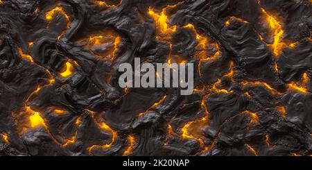 Seamless molten lava and melting volcanic rock background texture. Tileable red orange liquid magma and black coals surface pattern backdrop. Apocalyp Stock Photo