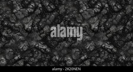 Seamless black volcanic ash and dried molten lava rock background texture. Tileable black coal and soot surface pattern backdrop. Apocalypse, drought, Stock Photo