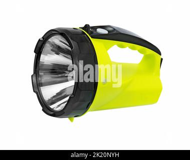 Flashlight yellow isolated on white background. Plastic flash light. Stock Photo