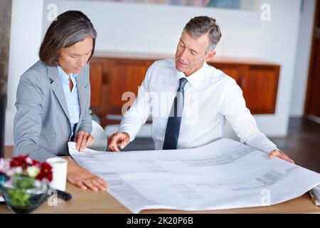 Assessing the plans. two mature architects discussing blueprints in an office. Stock Photo