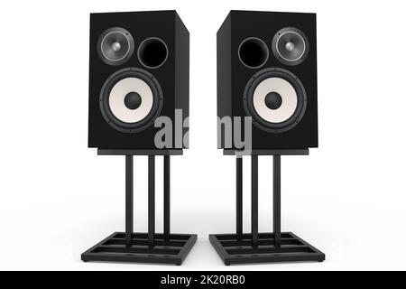 Hi-fi speakers with loudspeakers on stand on white background. Stock Photo