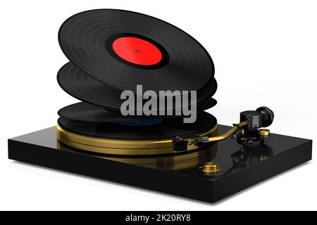 Tocadiscos de vinilo tocadiscos, amplificador mezclador estéreo de alta  fidelidad y syack of old vinyl record disk con soporte de almacenamiento en  rack de madera sobre un fondo blanco. representación 3d