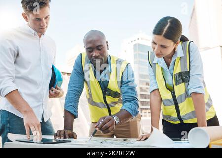 Construction planning, architect design and drawing creative architecture strategy on paper, meeting of building and working on illustration. Engineer Stock Photo