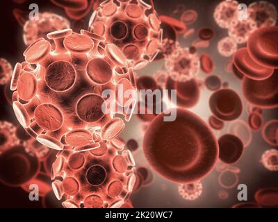 The danger lies in what we can not see. Microscopic view of a virus attacking healthy cells in the human body. Stock Photo