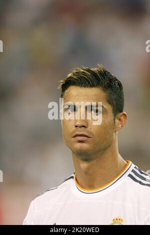 Pro soccer player Cristiano Ronaldo in action with his team Real Madrid. Stock Photo