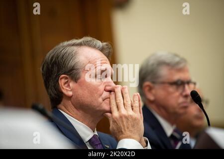 Washington, United States Of America. 21st Sep, 2022. Brian Moynihan, Chairman and CEO, Bank of America, appears before a House Committee on Financial Services hearing “Holding Megabanks Accountable: Oversight of America's Largest Consumer Facing Banks” in the Rayburn House Office Building in Washington, DC, Wednesday, September 21, 2022. Credit: Rod Lamkey/CNP/Sipa USA Credit: Sipa USA/Alamy Live News Stock Photo