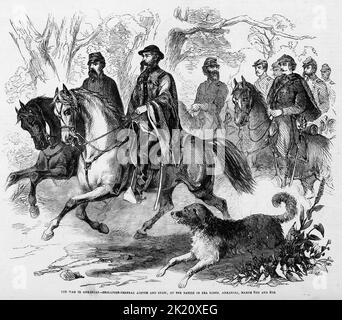 The War in Arkansas - Brigadier General Alexander Asboth and staff, at the Battle of Pea Ridge, Arkansas, March 6th and 8th, 1862. 19th century American Civil War illustration from Frank Leslie's Illustrated Newspaper Stock Photo