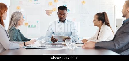 Business meeting, planning and teamwork marketing of diversity startup with strategy chart, graph and documents. Corporate advertising manager in Stock Photo