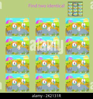 in the Funny rabbits on the grass puzzle for children up to 8 years old, find 2 identical pictures Stock Vector