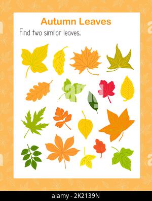Find two similar tree leaves educational activity for children, fall autumn puzzle game, simple vector illustration worksheet for fun and leisure time Stock Vector