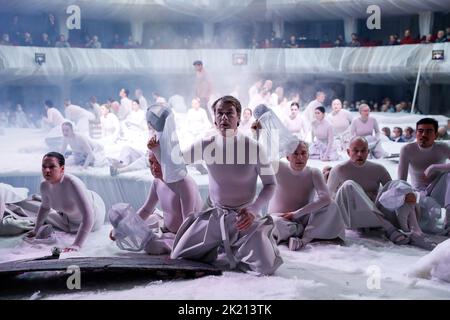 Berlin, Germany. 21st Sep, 2022. Performers perform during the photo rehearsal before the premiere of Luigi Nono's 'Intolleranza 1960' at the Komische Oper. Credit: Gerald Matzka/dpa/Alamy Live News Stock Photo