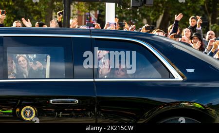 World leaders pay tribute to Queen Elizabeth II at Westminster Hall this afternoon.   Pictured: US First Lady Jill Biden waves as she arrives in The B Stock Photo