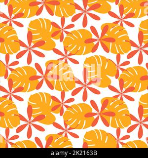 Bright seamless pattern in trendy autumn hues with hand drawn elements such as monstera leaves and flower. Trendy print design. Template for poster, postcard, greeting card, price tag, banner. Isolate Stock Vector