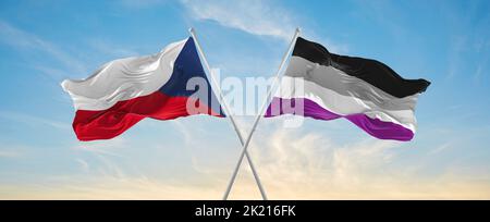 two crossed flags asexuality Pride and Saudi Arabia waving in wind at ...